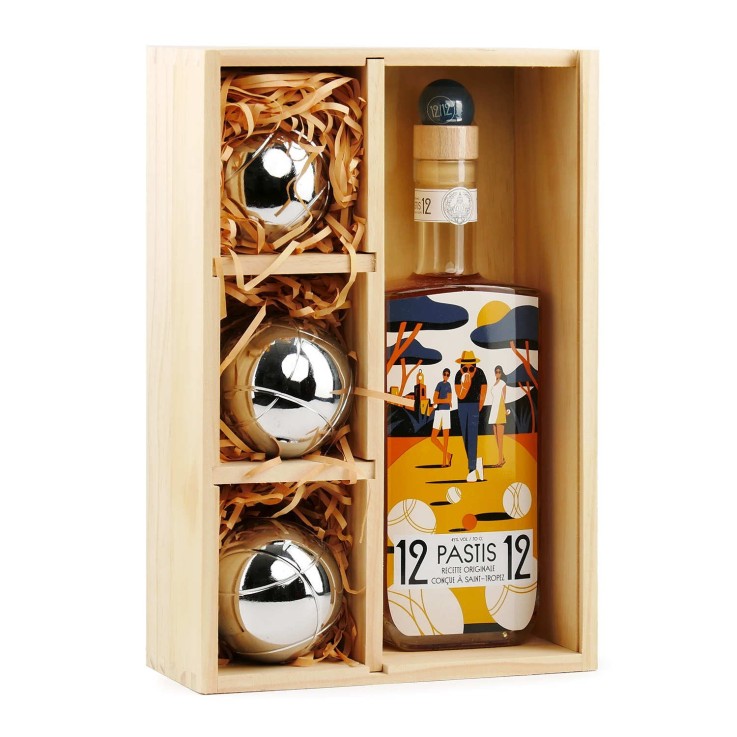 Coffret cadeau Pastis 12/12 et 3 boules de pétanque - Coffret bois 70cl + 3 boules