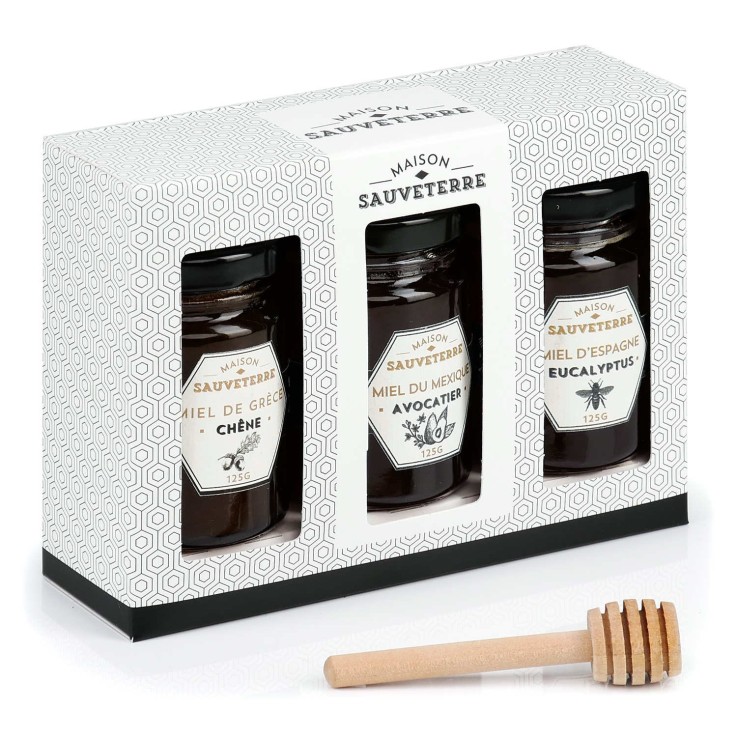 Coffret cadeau 3 miels du Monde et cuillère à miel - Coffret cadeau 3x 125g