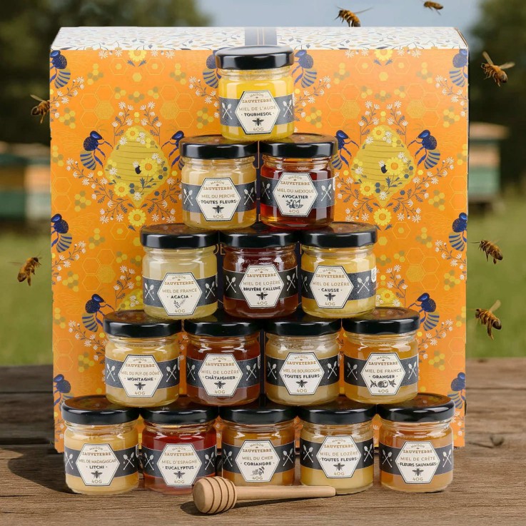 Coffret découverte 15 miels de France et du monde - Le coffret cadeau 15 miels