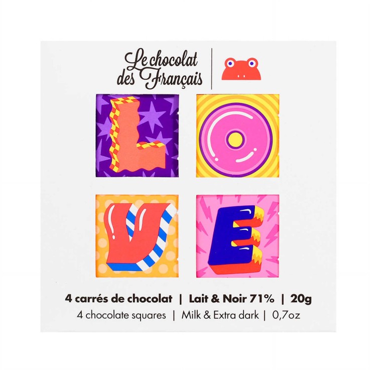 Coffret de 4 carrés de chocolat bio Lait tendre 41% et Noir 71% - LOVE - Coffret de 20g