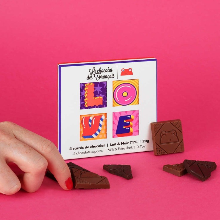 Coffret de 4 carrés de chocolat bio Lait tendre 41% et Noir 71% - LOVE - Coffret de 20g