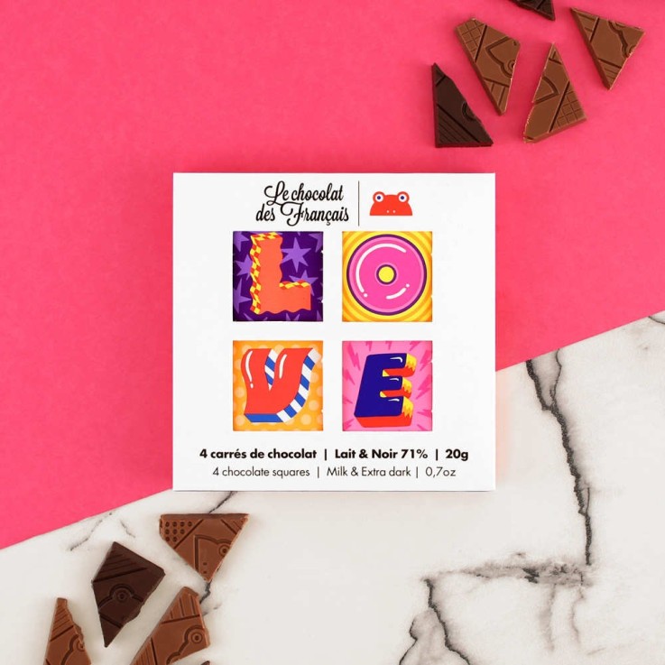 Coffret de 4 carrés de chocolat bio Lait tendre 41% et Noir 71% - LOVE - Coffret de 20g