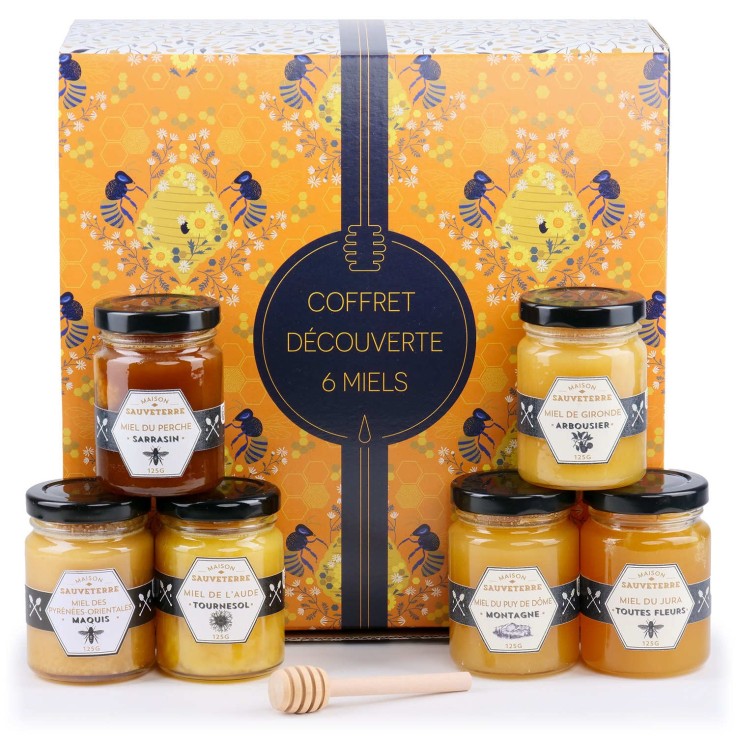 Coffret Cadeau 6 miels de France et cuillère à miel