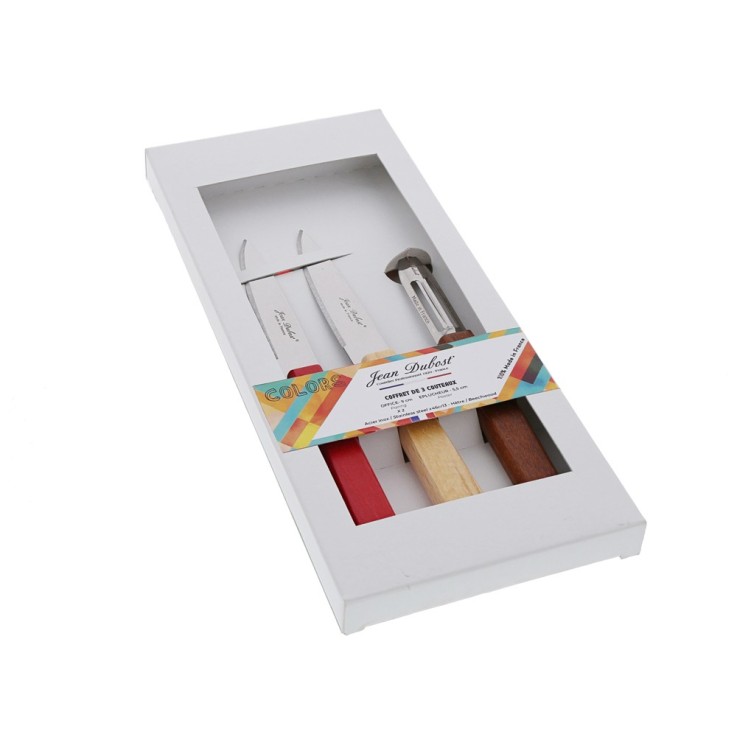 Set de 3 pièces, 2 couteaux d'office et un éplucheur en bois