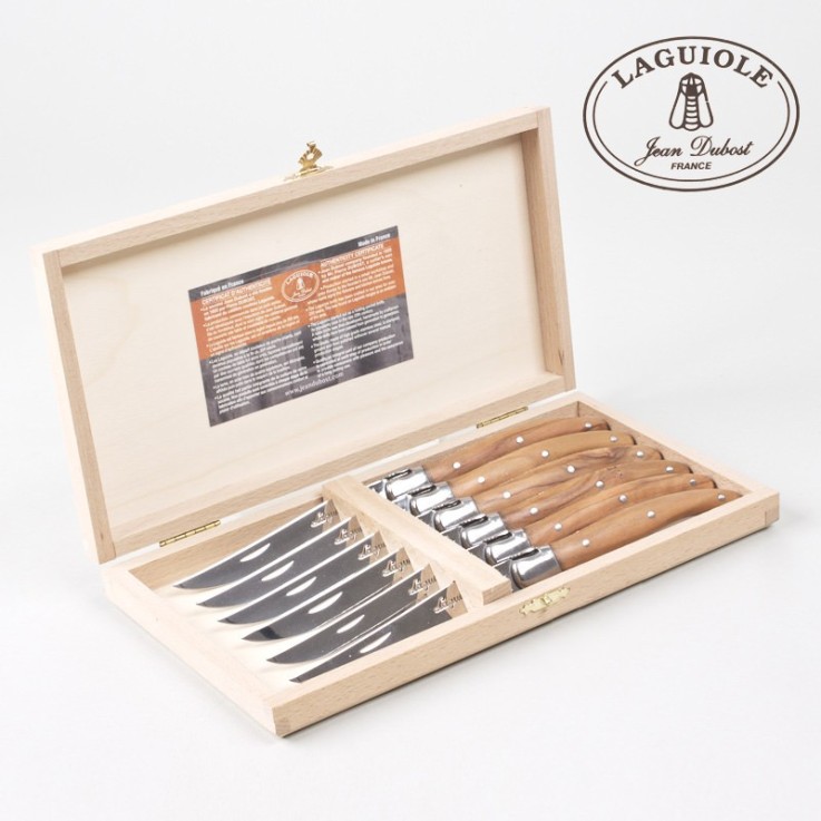 Coffret 6 couteaux laguiole bois olivier en inox