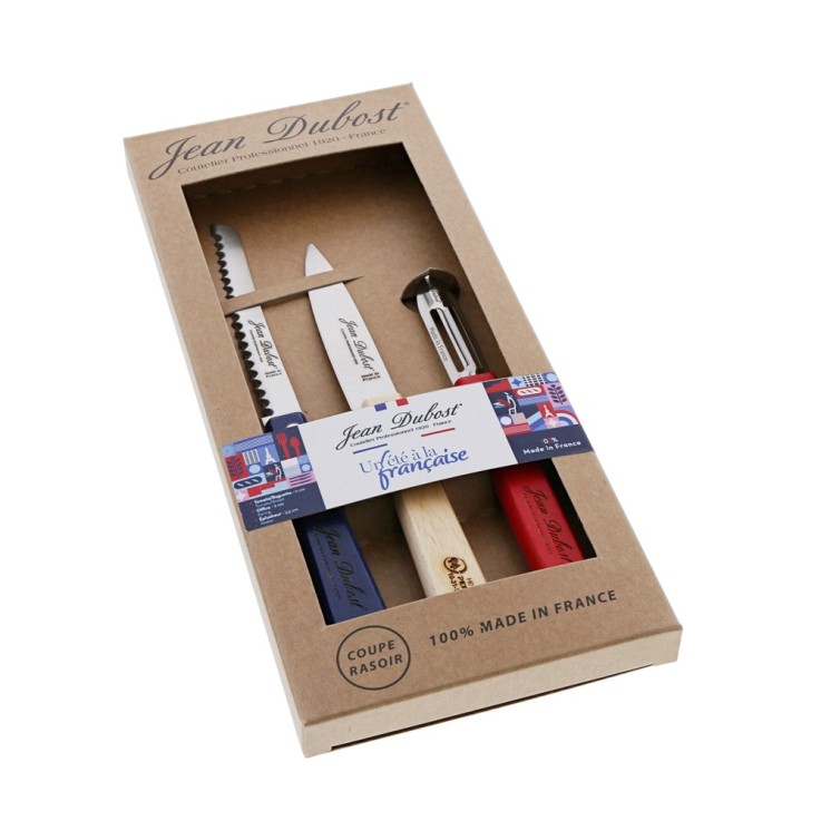 Set de 3 pièces office, éplucheur et couteau en bois et inox