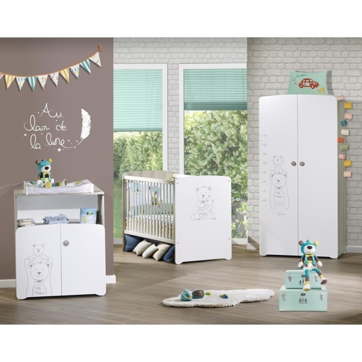 Chambre trio lit et Commode et Armoire en bois blanc