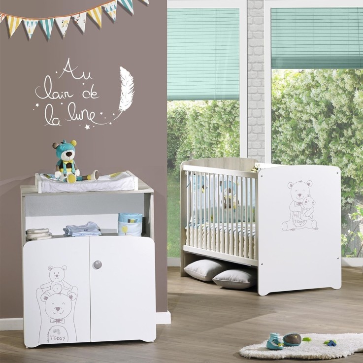 Chambre duo lit et Commode à langer en bois blanc