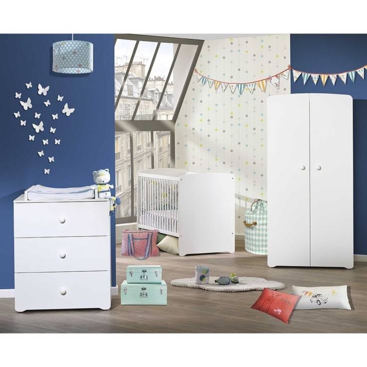 Chambre complète bébé avec lit 60x120 cm, commode à langer et armoire 2 portes