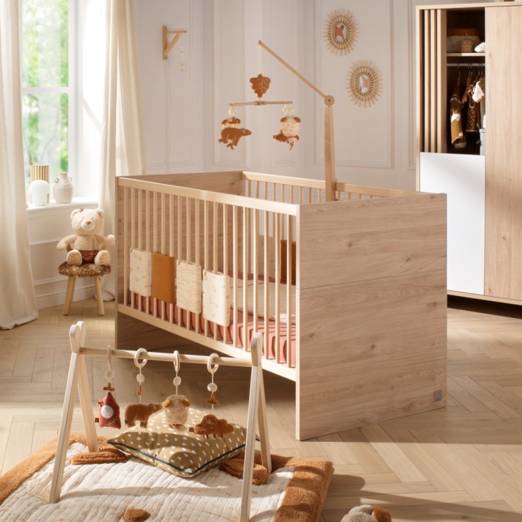Chambre bébé évolutive Tokyo, Lit évolutif et Commode à langer claustra - Chêne suave