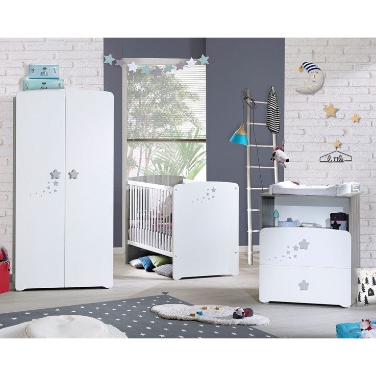 Chambre trio lit et Commode et Armoire en bois blanc