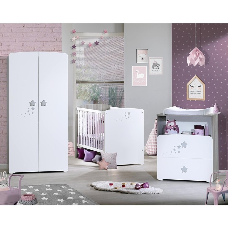 Chambre trio lit et Commode et Armoire en bois blanc
