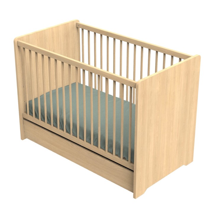 Lit bébé 120 x 60 avec têtes de lit arrondies en bois décor chêne miel
