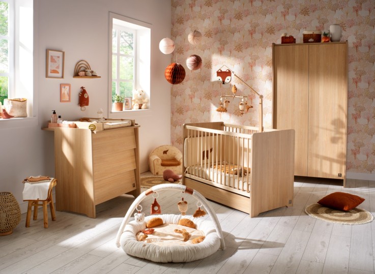 Lit bébé 120 x 60 avec têtes de lit arrondies en bois décor chêne miel
