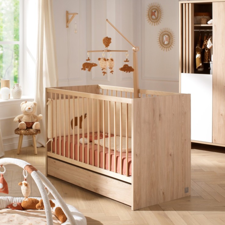 Lit bébé 120x60 à barreaux en bois décor chêne suave avec matelas