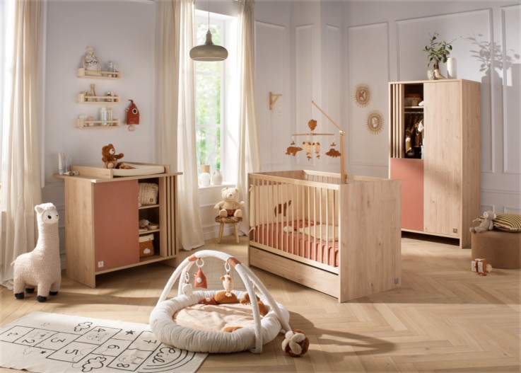 Lit bébé 120x60 à barreaux en bois décor chêne suave avec matelas