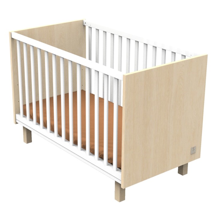 Lit bébé 120x60 avec pieds décor chêne velours et balustres blancs