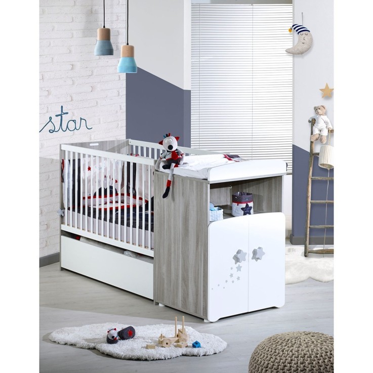 Lit combiné évolutif de 60x120 à 90x190 en bois avec matelas