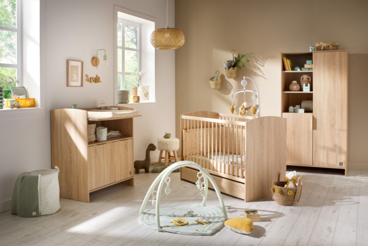 Lit bébé 120 x 60 avec têtes de lit arrondies en bois décor chêne doré