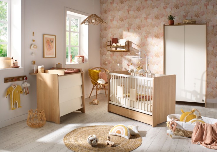 Lit bébé 120 x 60 avec têtes de lit arrondies en bois décor chêne miel