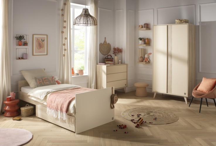 Lit bébé 120x60 évolutif en 90x190 avec têtes panneaux imitation bois