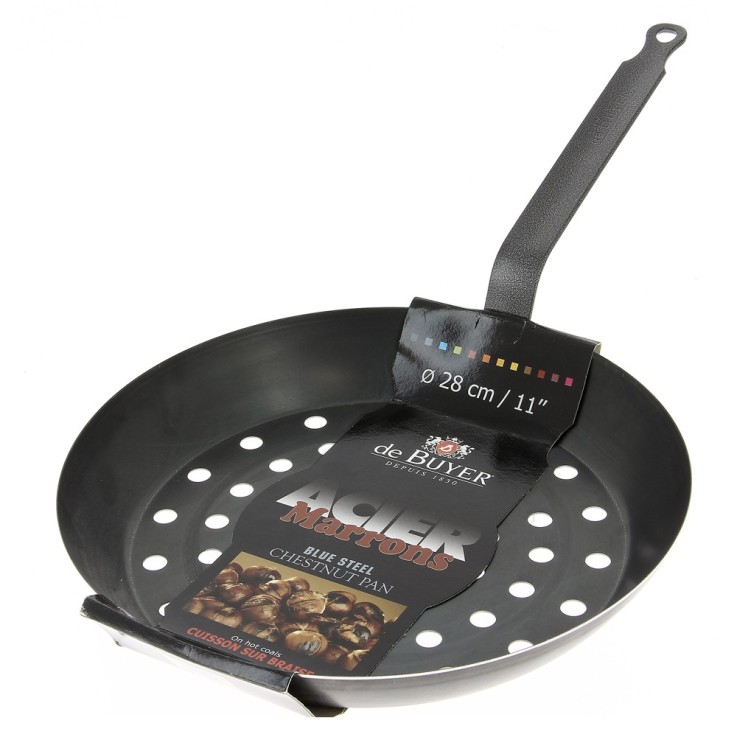 Poêle à marrons 28 cm en tôle d'acier bleuie en métal