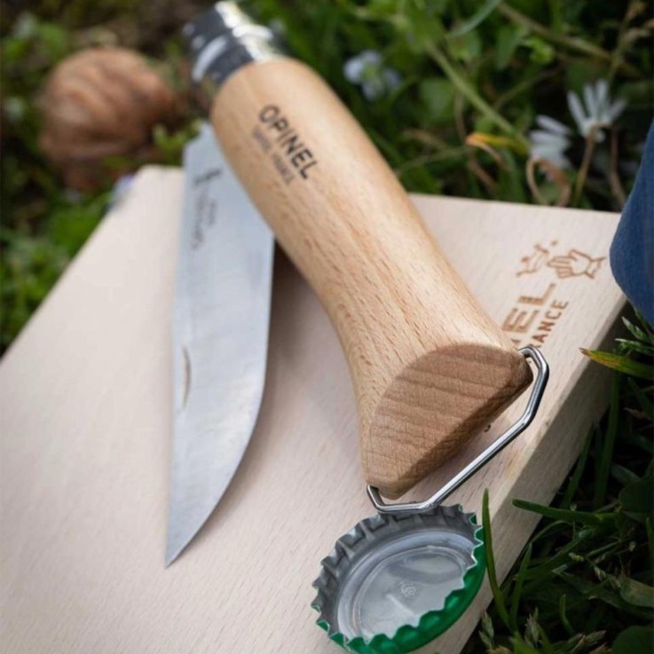 Couteau de poche N°10 en hêtre avec tire-bouchon et décapsuleur en bois