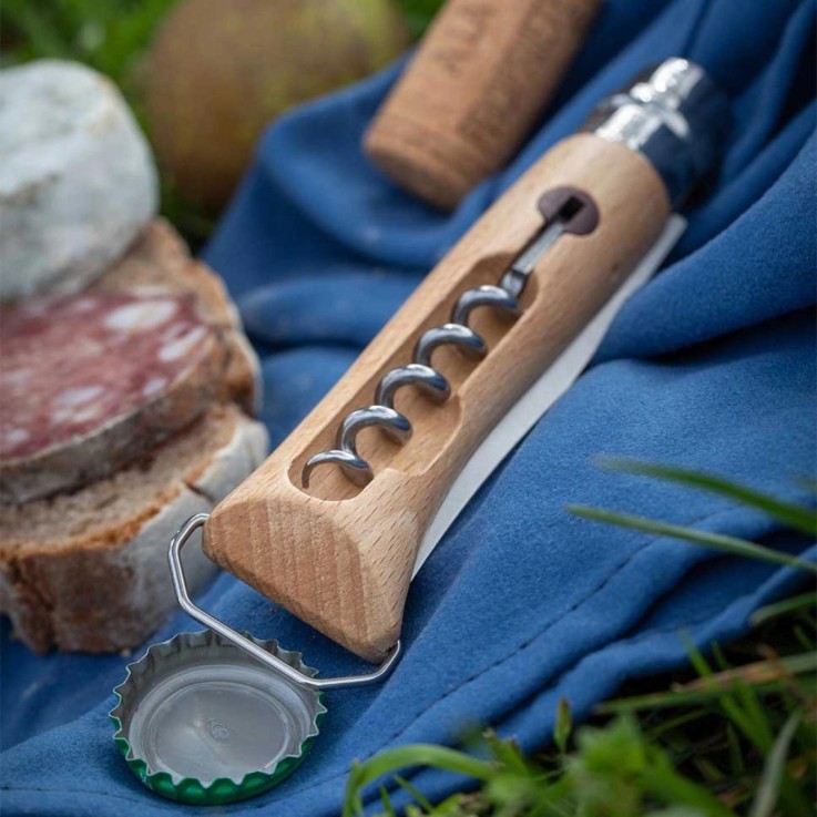 Couteau de poche N°10 en hêtre avec tire-bouchon et décapsuleur en bois