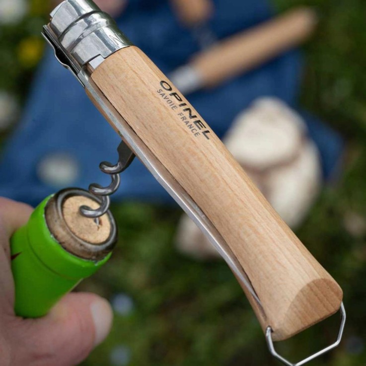 Couteau de poche N°10 en hêtre avec tire-bouchon et décapsuleur en bois