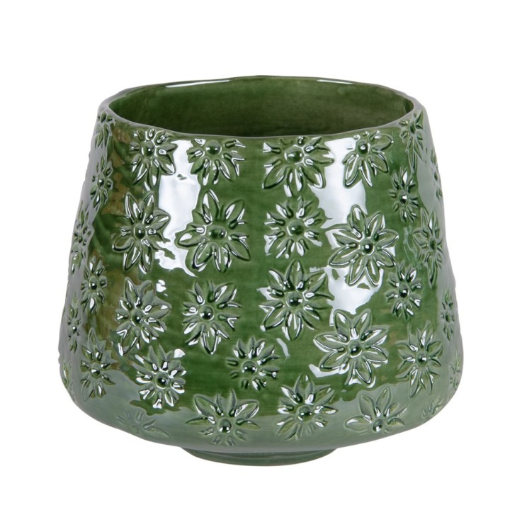 Vase évasé champêtre 22 cm vert en céramique