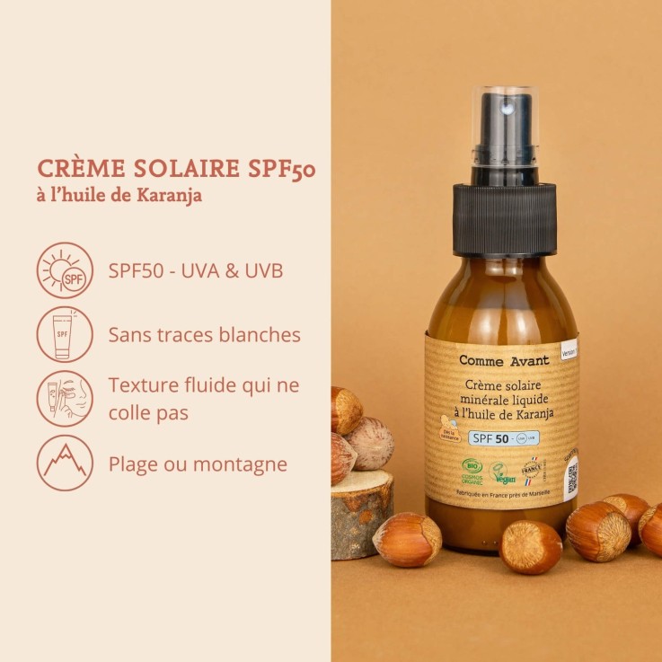 Crème solaire SPF50 minérale à l'huile de Karanja V1 Bio (90ml)