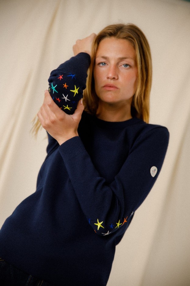 Pull marin coudières étoiles laine mérinos