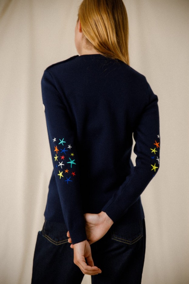 Pull marin coudières étoiles laine mérinos