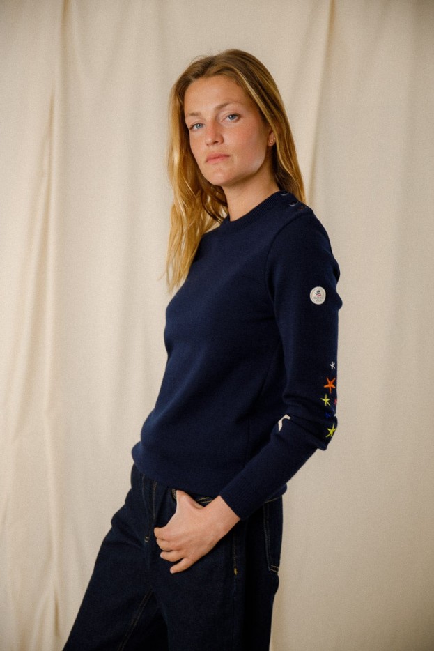 Pull marin coudières étoiles laine mérinos