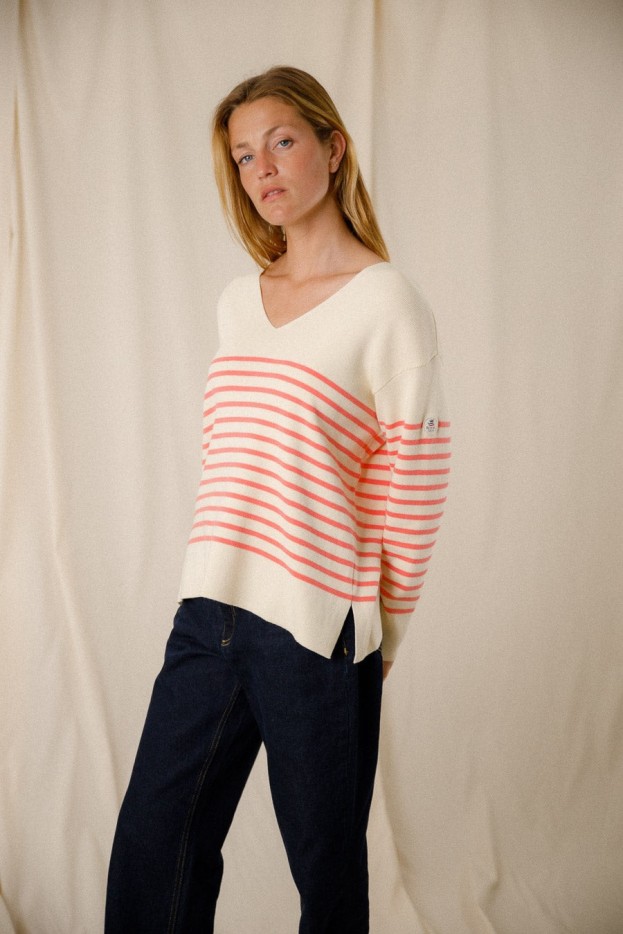 Pull rayé col V Capucine coton