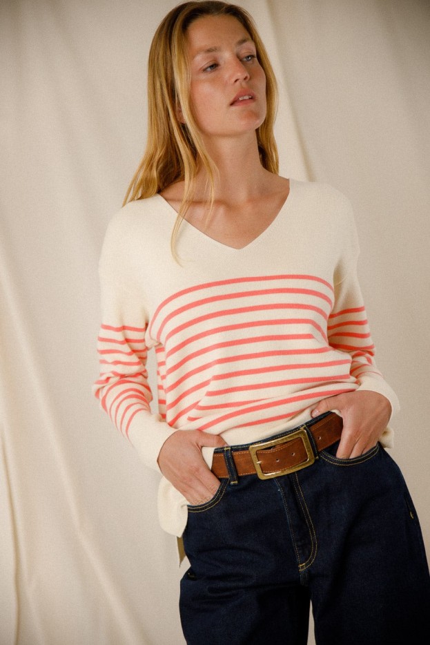 Pull rayé col V Capucine coton