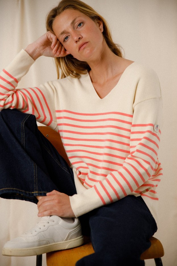 Pull rayé col V Capucine coton