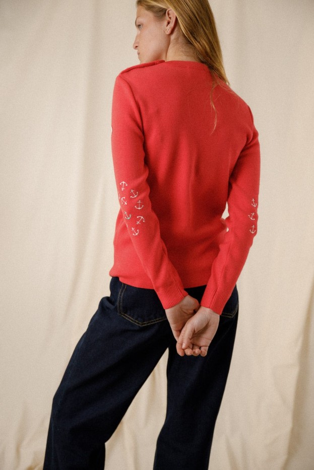 Pull marin uni coudières ancres Klasel laine mérinos