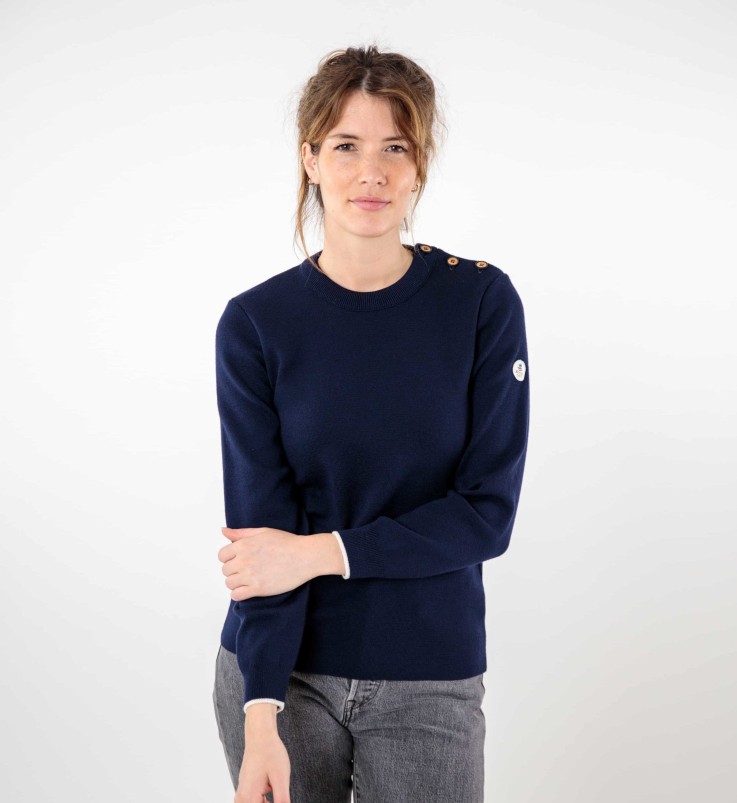 Pull marin uni encolure ronde Liza laine mérinos