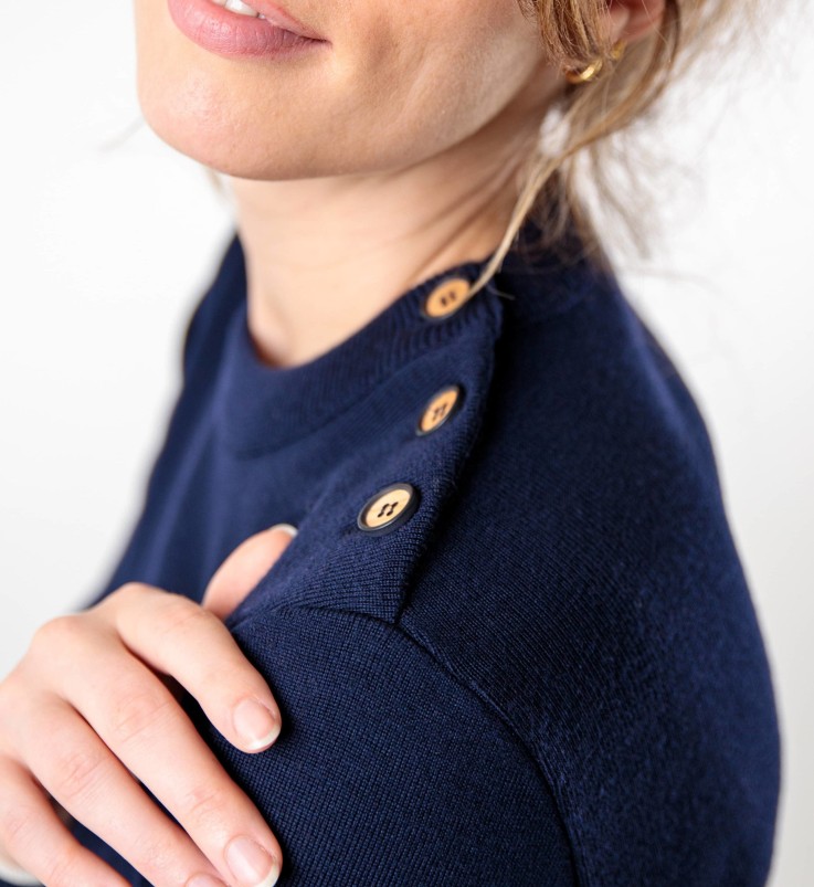 Pull marin uni encolure ronde Liza laine mérinos