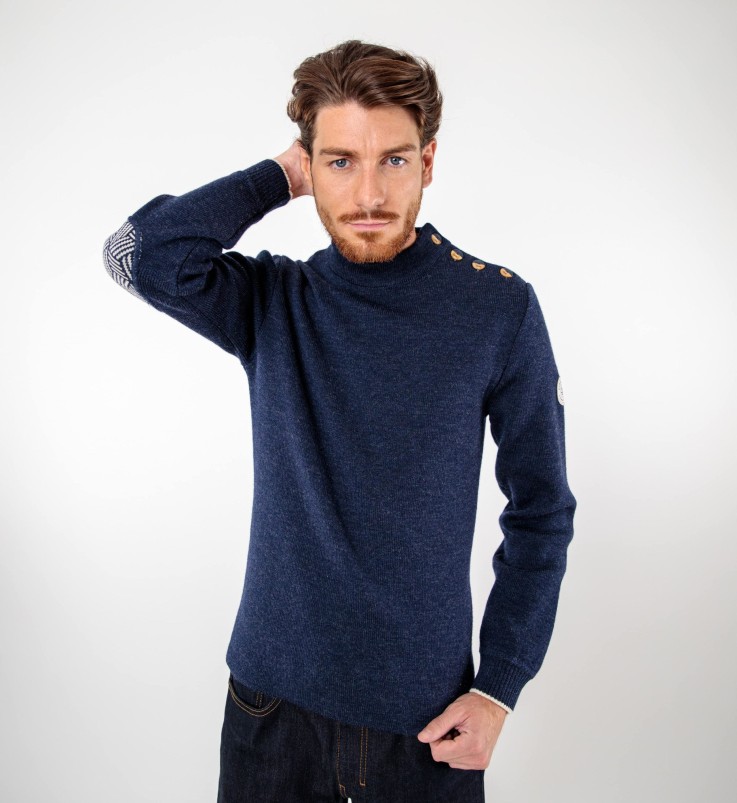Pull marin uni coudières fantaisies Gildas laine vierge