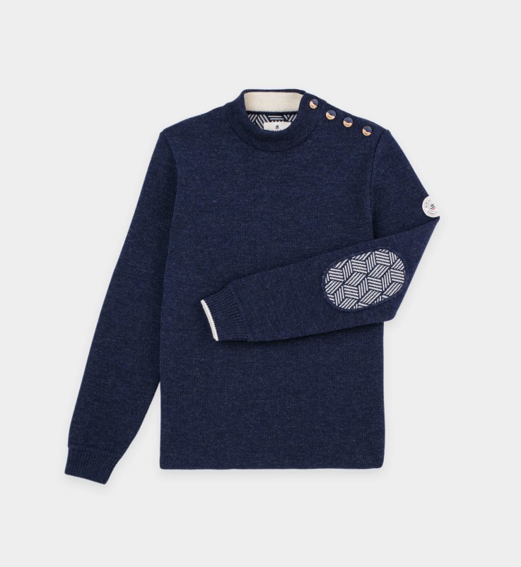 Pull marin uni coudières fantaisies Gildas laine vierge