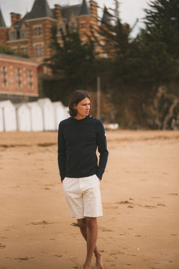 Pull marin uni coudières ancres Klasel laine mérinos