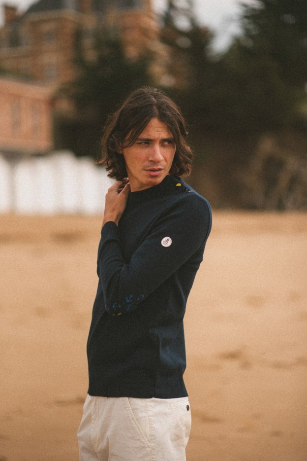 Pull marin uni coudières ancres Klasel laine mérinos