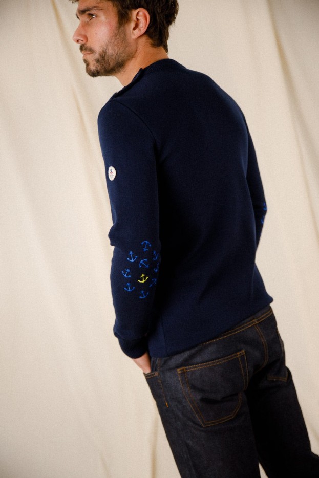 Pull marin uni coudières ancres Klasel laine mérinos