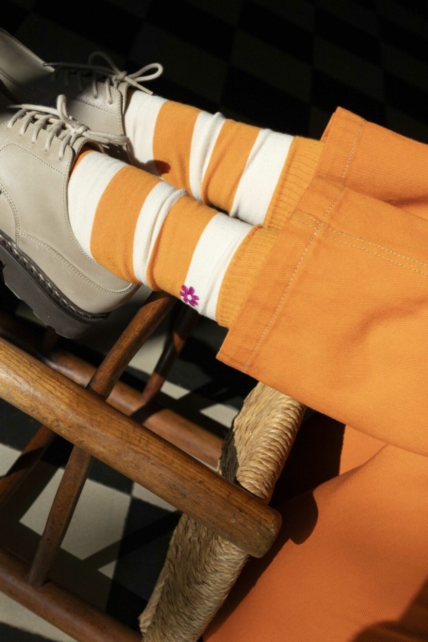 Chaussettes rayées Orange Blanc Fleur Violette