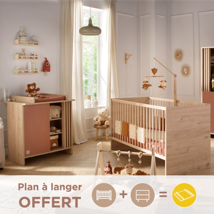 Chambre bébé évolutive Tokyo, Lit évolutif et Commode à langer claustra - Chêne suave