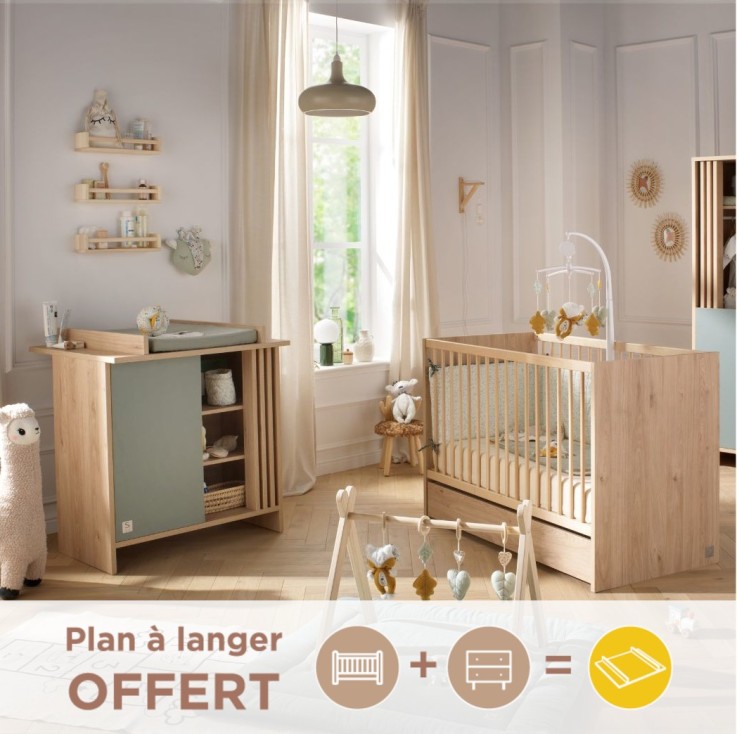 Chambre bébé complète Tokyo - Lit et Commode à langer claustra - Chêne suave