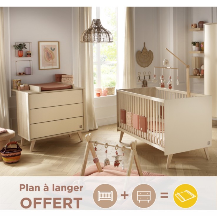 Chambre bébé Mélinée : Lit évolutif et Commode à langer en bois