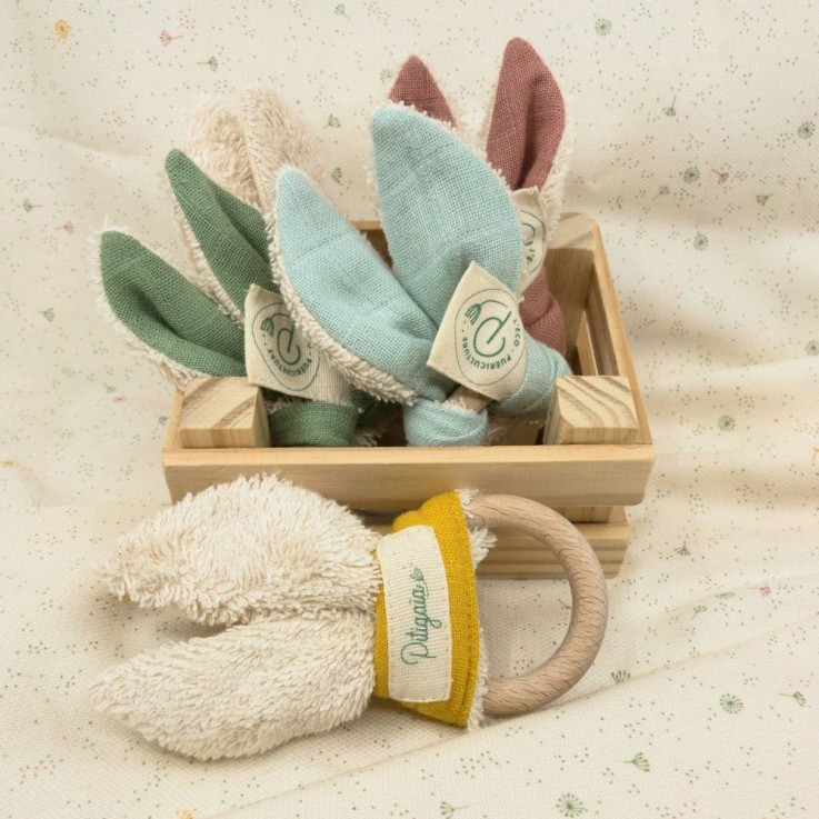 Hochet lapin en coton bio et bois